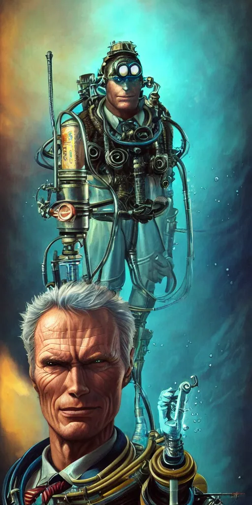 Image similar to lofi underwater bioshock biopunk clint eastwood portrait, Pixar style, by Tristan Eaton Stanley Artgerm and Tom Bagshaw.