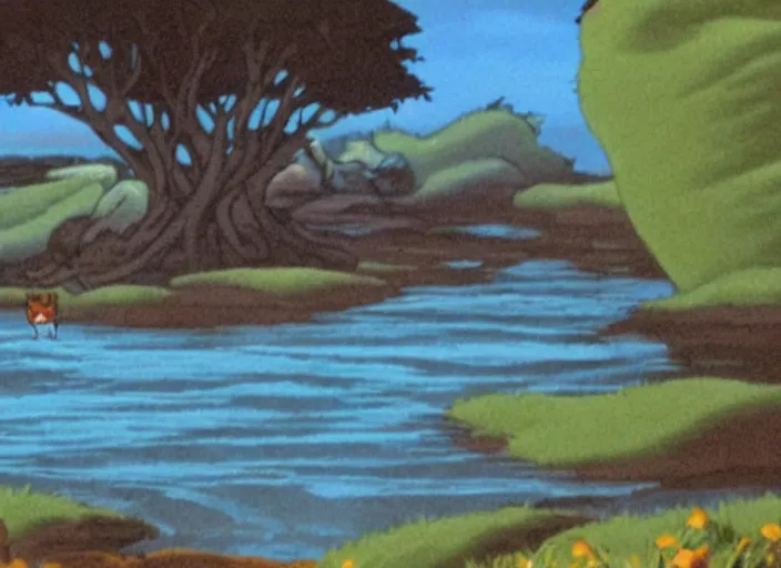 Prompt: sunningrocks by the river's shore, still frame from the fox and the hound ( 1 9 8 1 )