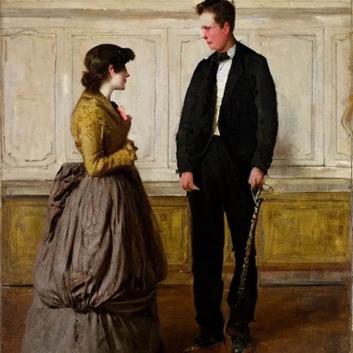 Image similar to young lady in ball gown and young worker in an old suit talking by alfred stevens