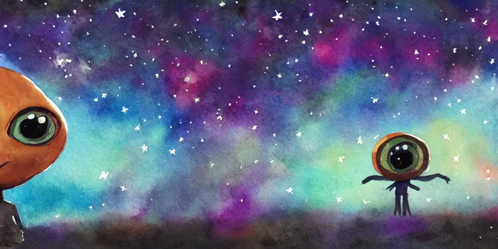 Prompt: a big head alien is watching a small people, background is starry sky, panorama, watercolor painting