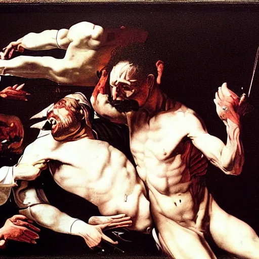 Prompt: the end of man painting with 2 1 savage in the middle apocalypse by caravaggio