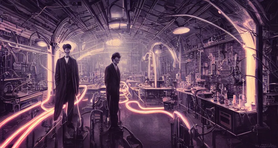 Prompt: nikolai tesla in his lab, electrical arcs, neon glow, highly detailed, digital art, intricate, dramatic lighting, steampunk, neon colors, cinematic, art by artgerm, greg rutkowski, beksinski