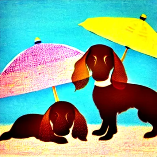 Prompt: two cute brown spaniel swimming by the seaside, parasols, bright towels, geometric, pop, sketch, artwork,lines