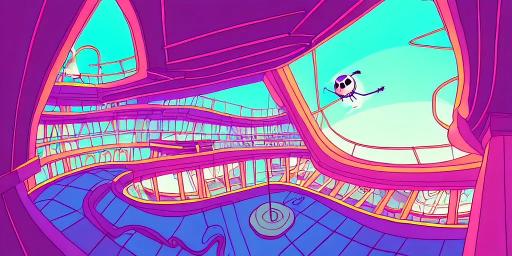 Image similar to minimalistic extreme wide angle curved perspective digital art of sss chubby cotton candy indoor top floor of a casino with a balcony to the ground floor by anton fadeev from nightmare before christmas