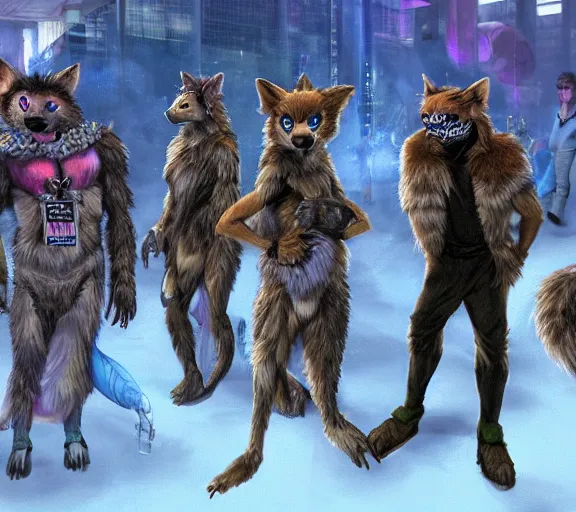 Image similar to high - resolution photograph from a biopunk era furry fandom convention ( midwest furfest 2 0 4 7 ), taking place after the genetic revolution and quantum singularity. photorealistic.