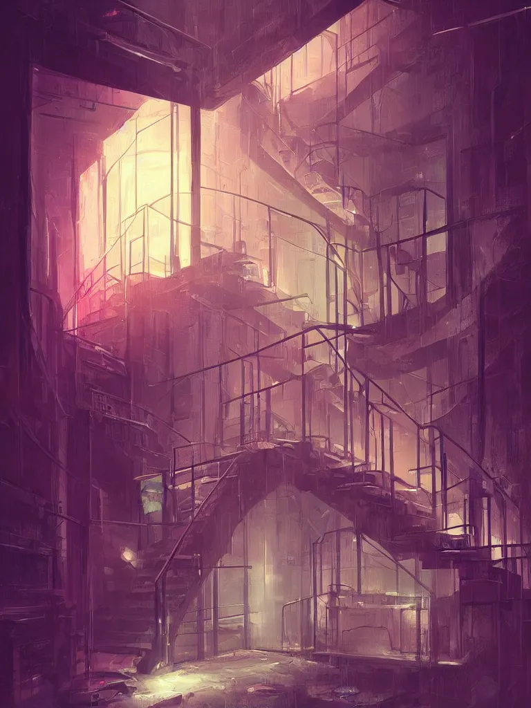 Image similar to down a basement staircase neon lights cyberpunk style digital painting concept art smooth sharp focus hyperrealistic illustration artstati