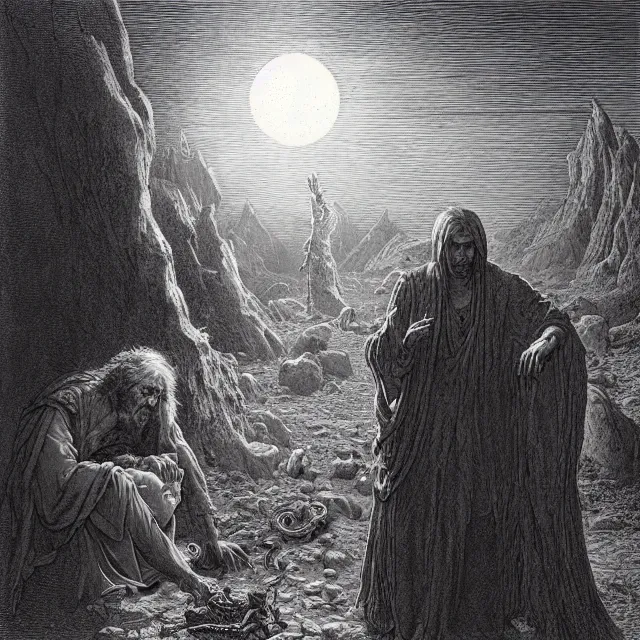 Image similar to etching by Franklin Booth and Gustav Doré showing frightened sorcerer in the desert by night, surrounded by nightmares in the shadows, mystic athmosphere, by Greg Rutkowski, deformed rocks, snakes, scorpions, UHD, 8K,