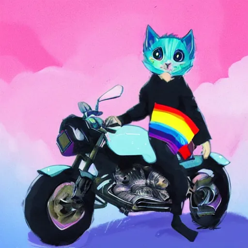 Image similar to wide angle full body, jacket wearing fluffy cute rainbow kitten wearing a black leather motorcycle jacket, riding on a motorcycle, cinematic concept art