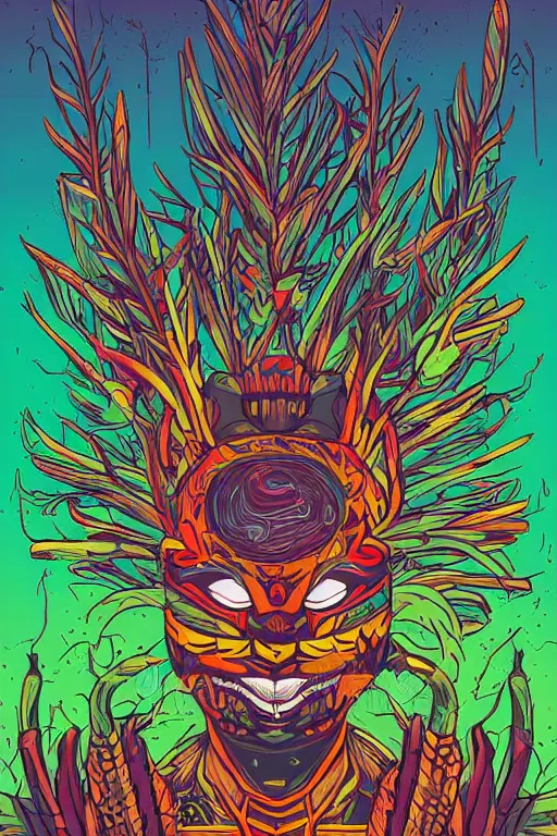 Image similar to totem animal mask tribal feather gemstone plant wood rock shaman vodoo video game vector illustration vivid multicolor borderlands comics by josan gonzales and dan mumford radiating a glowing aura