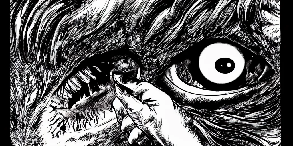 Image similar to a giant hand catches an eyeball, berserk, 4 k resolution, comic style ， by miura kentaro, ultra detailed,