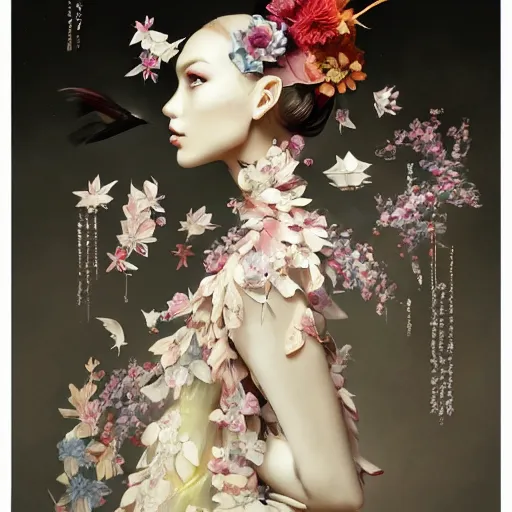 Image similar to long shot of a beautiful girl wearing an origami dress, eye - level medium shot, fine floral ornaments in cloth and hair, hummingbirds, elegant, by eiko ishioka, givenchy, by peter mohrbacher, centered, fresh colors, origami, fashion, detailed illustration, vogue, japanese, reallusion character creator