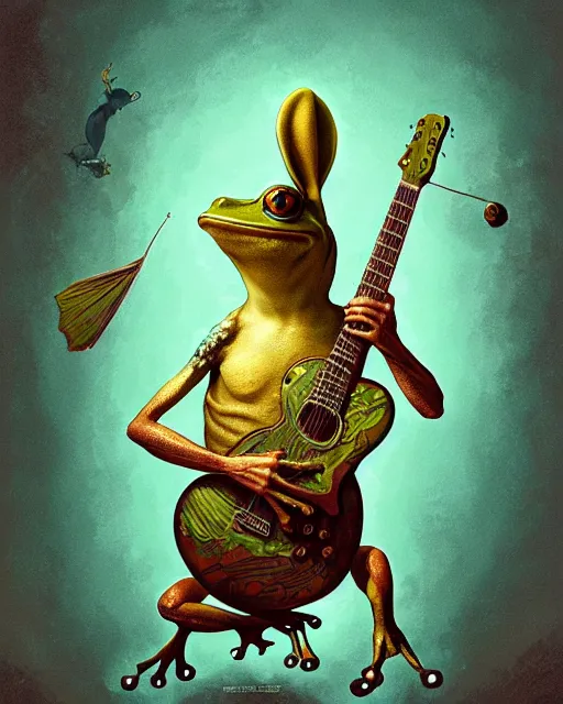 Image similar to anthropomorphic art of a frog with a guitar, medieval clothing by artgerm, victo ngai, ryohei hase, artstation, highly detailed digital painting, smooth, global illumination, fantasy art by greg rutkowsky, karl spitzweg