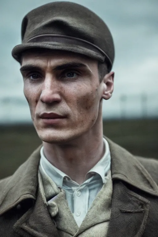 Image similar to a portait photo of Thomas Shelby in a battlefield, epic image, path tracing, complementary colours, high quality, 4k HDR, dramatic lighting, cinematic, highly detailed, high coherence, dedined face, anatomically correct, five fingers, war, cold environment