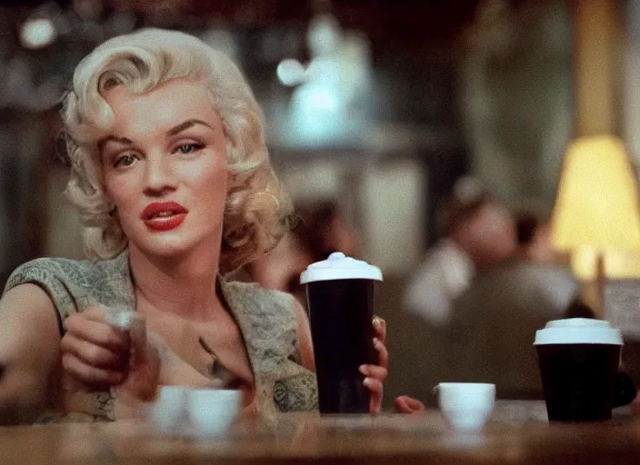 Image similar to a close - up, color cinema film still of a marlin monroe drinking coffee at a starbucks, ambient lighting at night, from matrix ( 1 9 9 9 ).