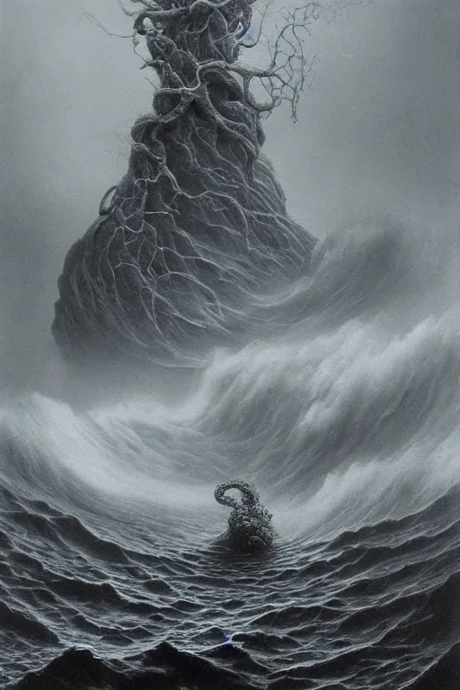 Image similar to A stunning highly detailed Shoggoth by Zdzisław Beksiński, stormy ocean, beautiful lighting, detailed swirling water tornado, artstation