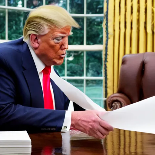 Image similar to candid portrait photo of president trump eating crumpled up wads of paper, oval office backlit