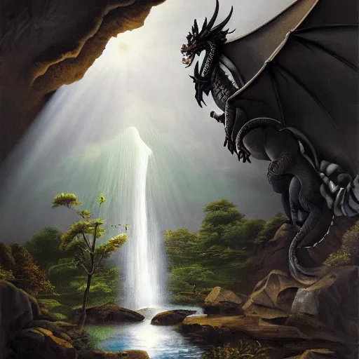 Image similar to oil painting of a dragon flying in the air near a cave with a waterfall in the center, light emanating from the waterfall leading to a big pool of water, dragon has black and white stripes, elegant, sharp focus, wide shot, clear, detailed, early renaissance