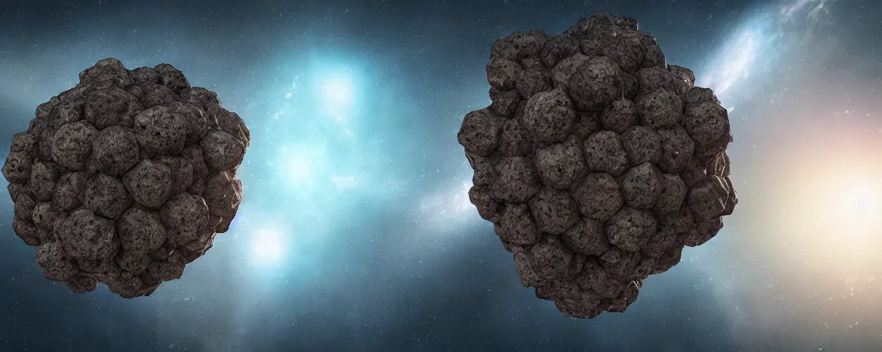 Image similar to movie still, asteroid with many hexagonal holes, unreal engine, octane render, detailed and intricate, global illumination, volumetric lighting, hubble telescope images, james webb telescope images, houdini fluid simulation, detailed and intricate environment