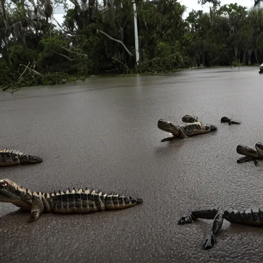 Prompt: a clear photo or a terrible storm in florida that is raining baby aligators all over the place, baby aligators on trees, cars, people, and on the ground, pandemonium and chaos