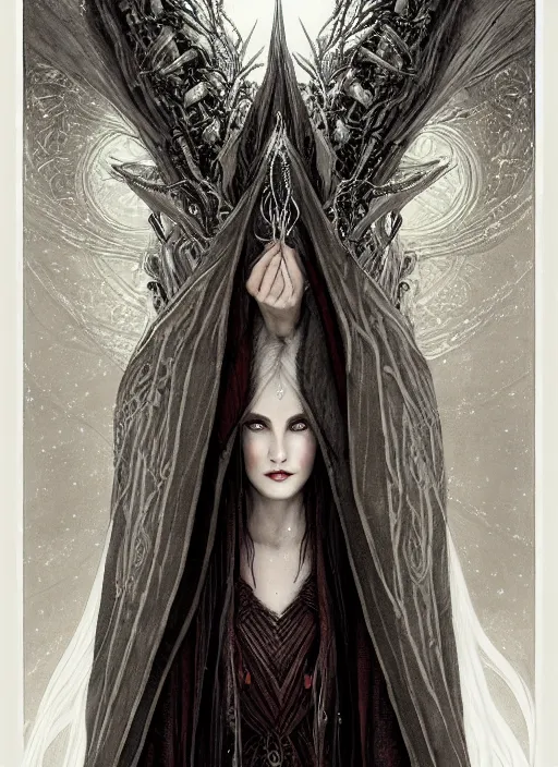 Image similar to immortal majestic elven sorceress wearing a cloak, long beautiful strands of pale white hair, engraving, concept art, elden ring, illustration, smooth, sharp focus, by gustave dore and greg rutkowski, hyper realistic face, piercing beautiful eyes, fantasy art, in the style of midjourney, intricate, alphonse mucha, hyper detailed