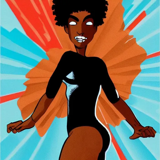 Image similar to comic book hero black girl with Afro, tall and slim figure, brown skinned brown eyes full lips,