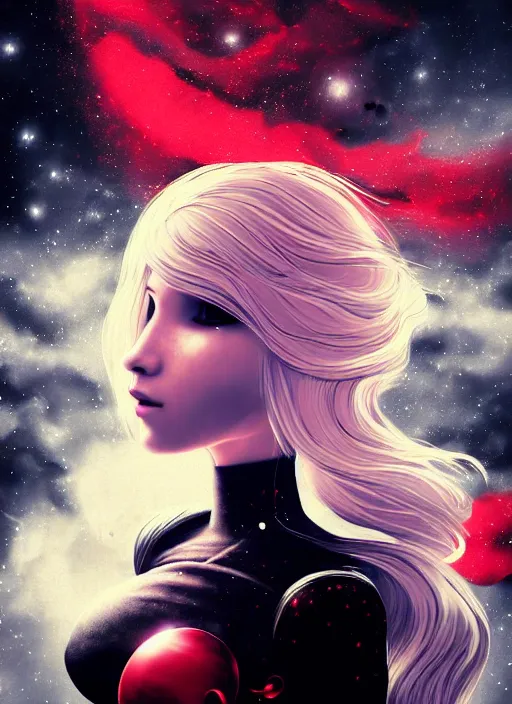 Prompt: highly detailed portrait of a hopeful pretty astronaut lady with a wavy blonde hair, by Alexander Jansson, 4k resolution, nier:automata inspired, bravely default inspired, vibrant but dreary but upflifting red, black and white color scheme!!! ((Space nebula background))