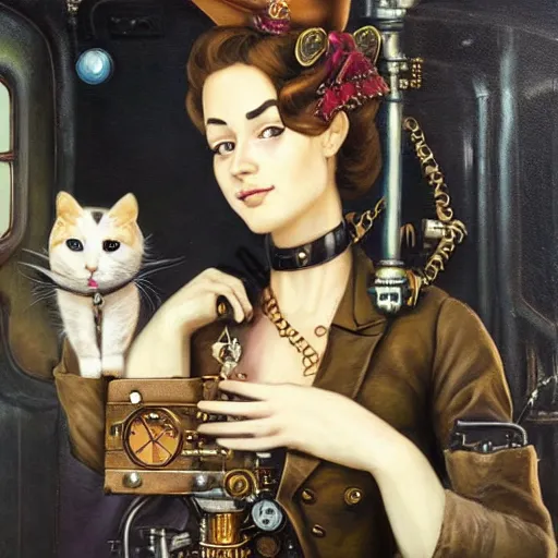 Image similar to steampunk beauty with her mechanical cat is travelling on a train, oil painting,