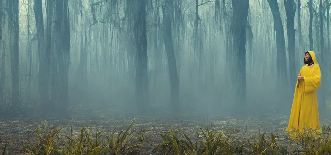 Image similar to an angel in blue and yellow robes in a swamp, sunny weather, foggy, cinematic shot, photo still from movie by denis villeneuve