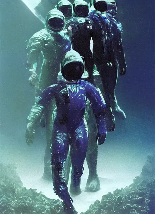 Prompt: astronauts in dark and void underwater - complex and hyperdetailed suit. reflection and dispersion materials. rays and dispersion of light. volumetric light. 5 0 mm, f / 3 2. noise film photo. flash photo. ultra realistic, poster by wayne barlowe, hajime sorayama aaron horkey, craig mullins, smooth plastic