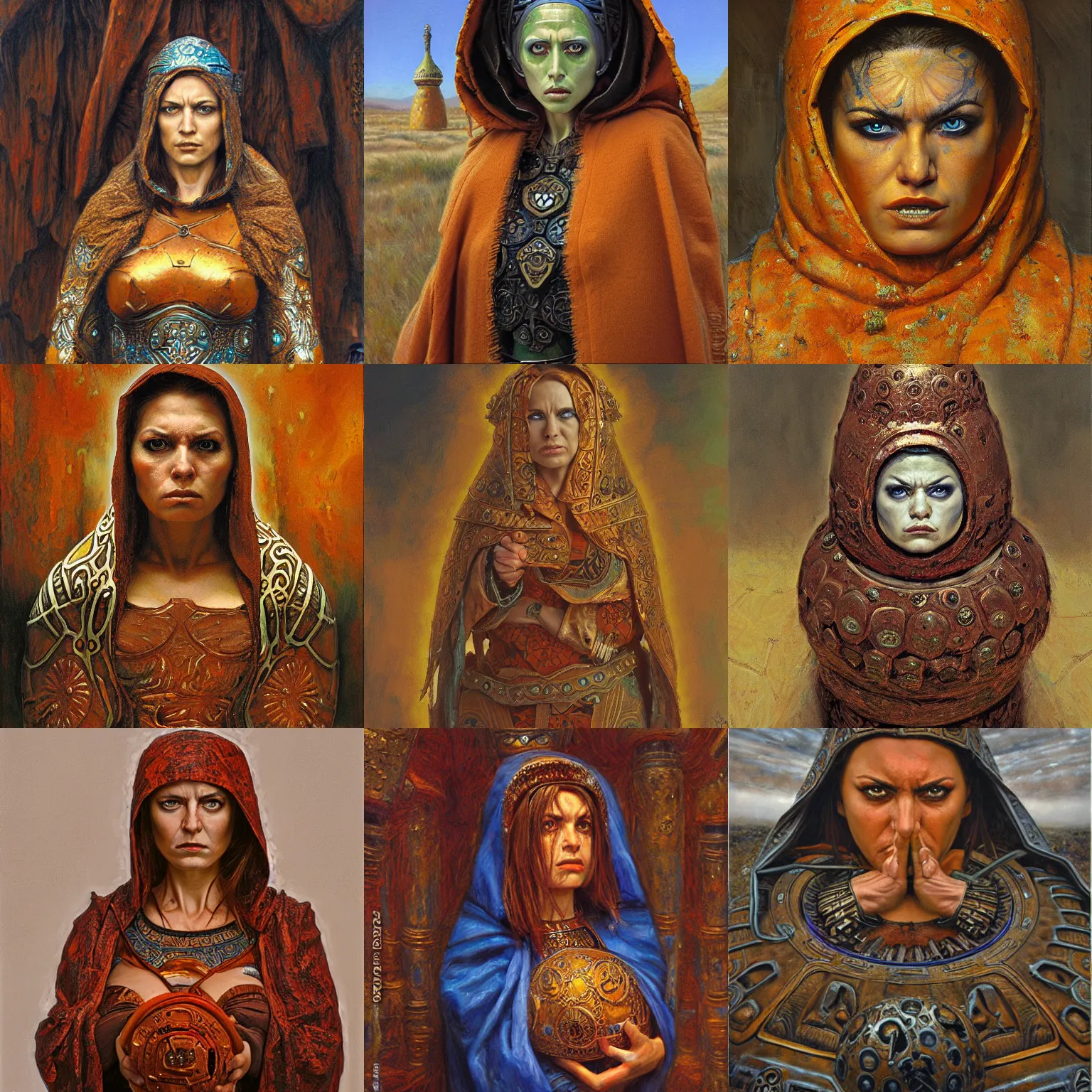 Prompt: the Greek godess matryoshka looking angry, rusty armor, portrait, by Donato Giancola