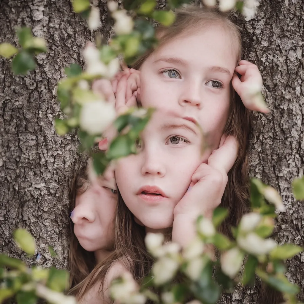 Prompt: a girl portrait with a magnolia near the face, 8 5 mm lens, bokeh