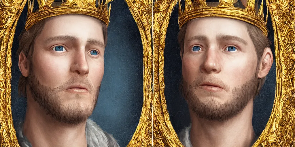 Image similar to realistic portrait of the future king with golden crowns and pretty eyes, ultra realistic, 8k