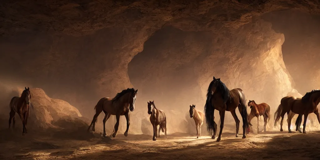 Image similar to of brown horses in a low light lit cave hurdled in a group, highly detailed, intricate, digital painting, trending on artstation, concept art, matte painting, art by greg rutkwowski, craig mullins, octane render, 8 k, unreal engine