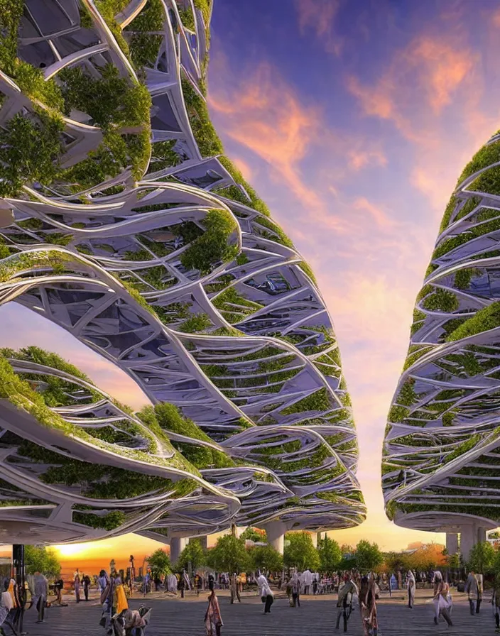 Prompt: vincent callebaut architectures, hyper realistic streetscapes stunning volumetric lighting sunset