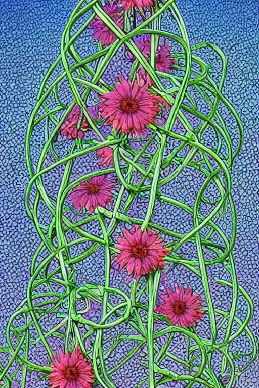 Image similar to flowers blooming on dna helix in the style of moebius, moebius art,