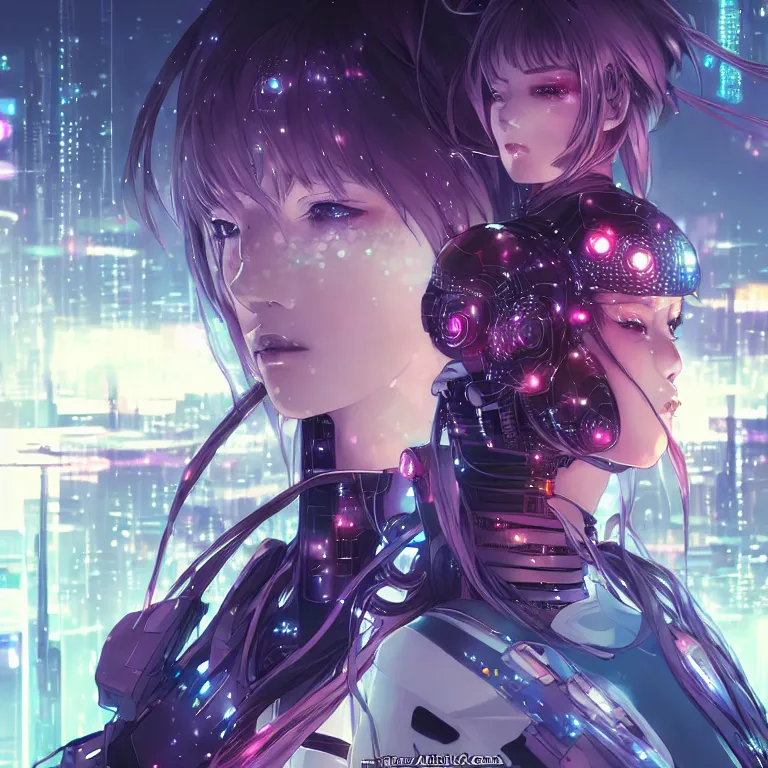 Image similar to anime visual of portrait futuristic cyber warrior girl, in future cyberpunk tokyo rooftop, ssci - fi, fantasy, intricate, very very beautiful, elegant, neon light, highly detailed, digital painting, artstation, concept art, smooth, sharp focus, illustration, art by tian zi and wlop and alphonse mucha