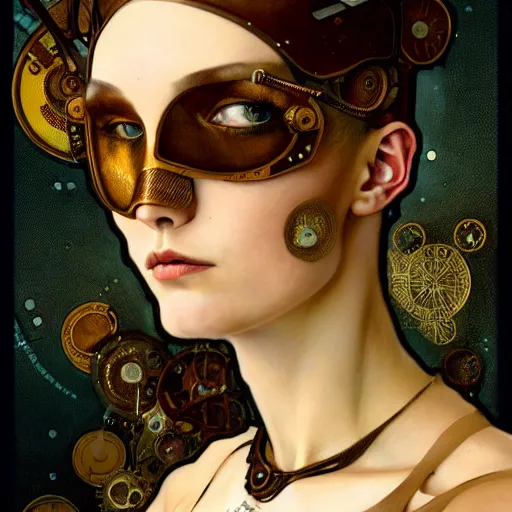 Image similar to close - up portrait of a beautiful female steampunk in the style of ex machina, karol bak, alphonse mucha, greg rutkowski,