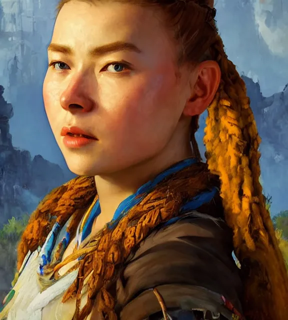 Prompt: oil portrait of aloy from horizon zero dawn, hyperdetailed, by vermeer, by rembrandt