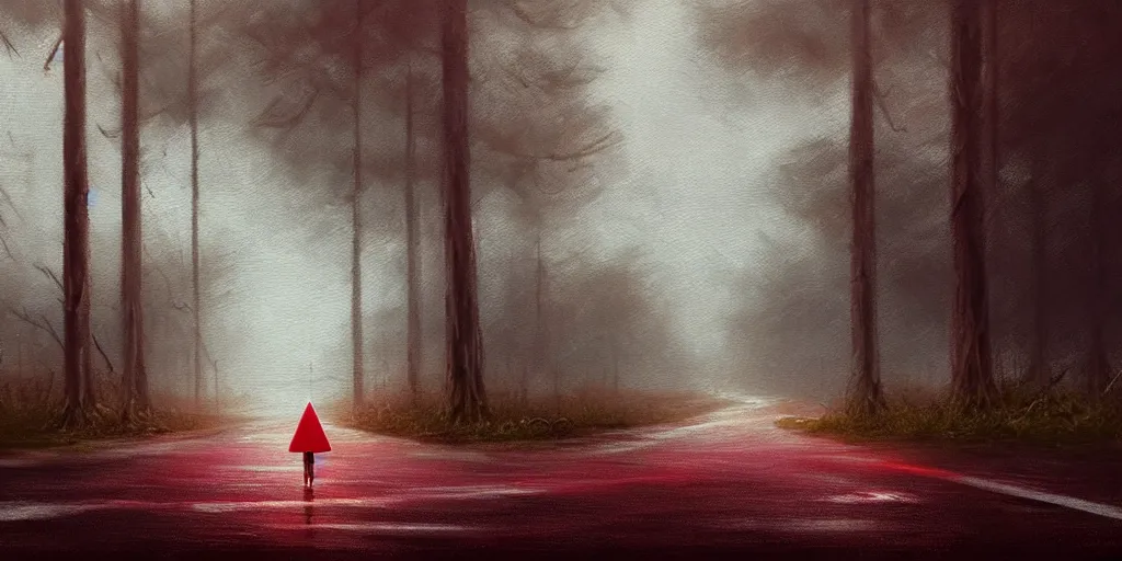 Prompt: white red paper soda cup, macro view!!!, standing on empty road!!, forest background!!, detailed, dark concept art, dark skies painting by wlop, and greg rutkowski, beautiful, semirealism, artstation, octane render, oil painting, sharpness, 8 k, golden ratio