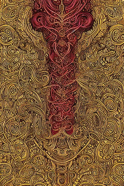 Image similar to an intricate background design with deep and intricate rune stones and rubies bursting flowers, and twisting intricate golden linework lovecraftian by dan mumford, atomic stars, digital art, photorealistic, highly detailed, intricate