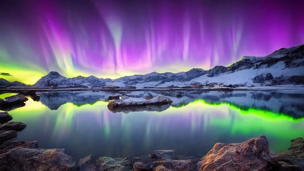 Image similar to amazing landscape photo of aurora lights with lake in sunset by marc adamus, beautiful dramatic lighting