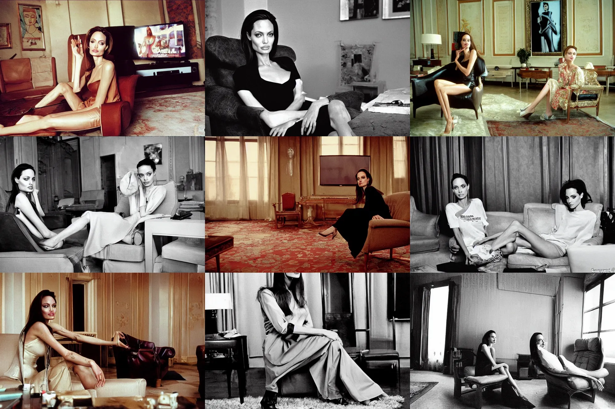 Prompt: beautiful angelina jolie lies in beautiful clothes sits on a leather armchair and watches tv, soviet interior, soviet apartment of a citizen of the ussr, photo 1 9 9 0 s, by jean giraud