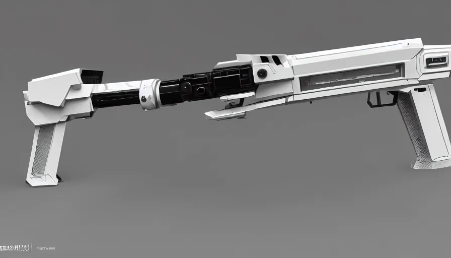 Image similar to extremely detailed realistic side view of a sci fi laser machine gun, detailed trigger, chemically propelled, pattery powered, smooth streamline, battery and wires, railgun, tribarrel, gauss, elegant sleek smooth body, white paint, smooth utopian design, ultra high quality, minimalist, octane, cod, destiny, warframe, terminator