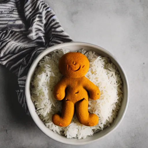 Prompt: ginger man bathing in a large bowl of white rice