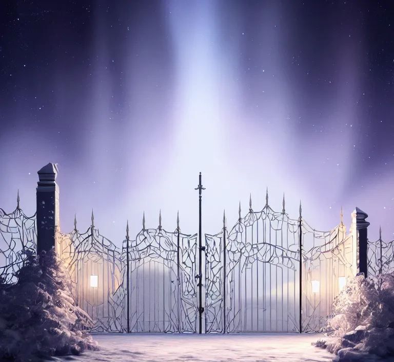 Prompt: a very detailed concept art of intricate and scandinavian white gates to aurora borealis, trending on artstation, symmetry, digital art, 4 k, hyper realistic, octane render, sharp focus