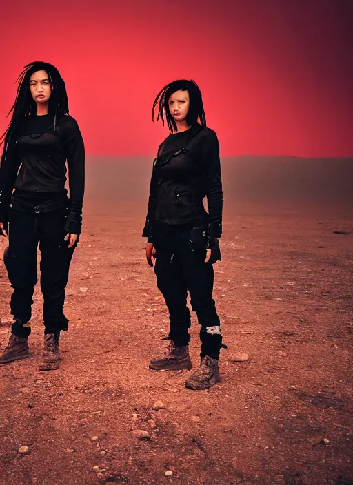 Prompt: photographic portrait shot on cinestill 5 0 d of two loving clones, women wearing rugged black techwear on a desolate plain with a red sky, closeup, diverse race, cyberpunk, in front of a brutalist dark metal facility, dust storm, 3 5 mm, 8 k, depth of field, high resolution, ultra realistic faces