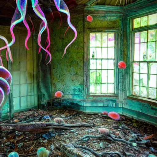 Image similar to abandoned cottage interior filled with iridescent jellyfish and lush coral