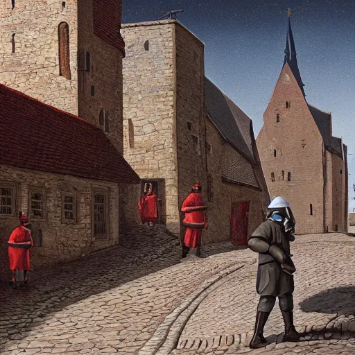 Prompt: a guard of the city watch patrols the cobbled streets of a medieval town, painted by simon stalenhag
