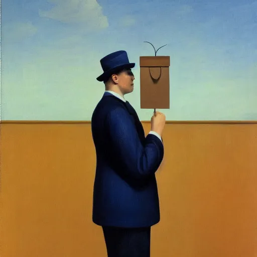 Image similar to a portrait painting of a detective with a paper bag over his head, the man is surrounded by clouds, Edward hopper, Rene Magritte, 4k,