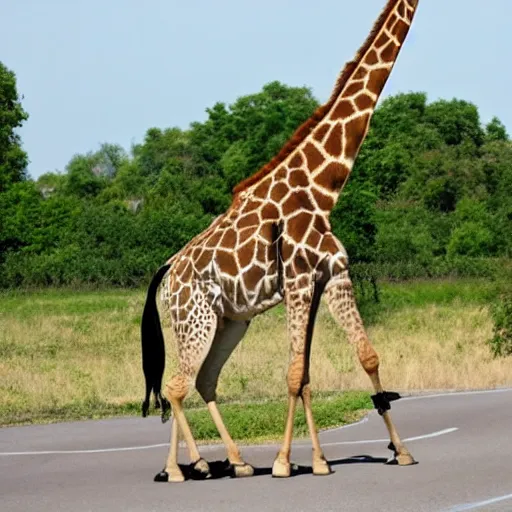 Image similar to a giraffe riding a bicycle